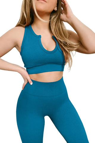 QINSEN Women'S Yoga Workout Outfits 2 Piece High Waisted Leggings with Sports Bra Gym Clothes Sets Light Blue S