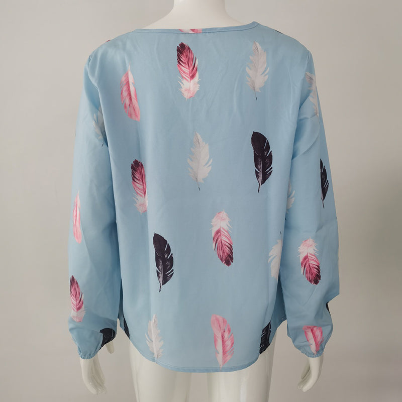 Feather Print Polo Shirt Long Lantern Sleeve Turndown Collar