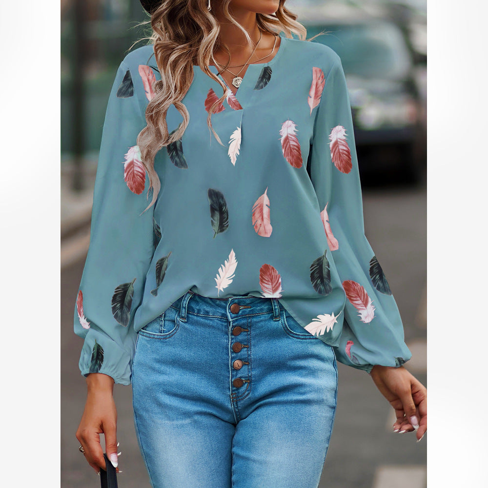 Feather Print Polo Shirt Long Lantern Sleeve Turndown Collar