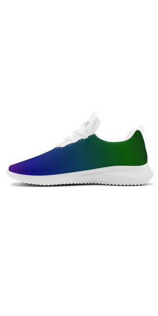 Stylish women's running shoes with a colorful gradient design featuring blue, green, and white tones. The low-profile sneakers have a lace-up front for a secure fit, showcasing a modern and sporty aesthetic perfect for active lifestyles.