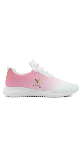 Stylish women's pink and white lace-up sneakers with minimalist design and K-AROLE logo branding.