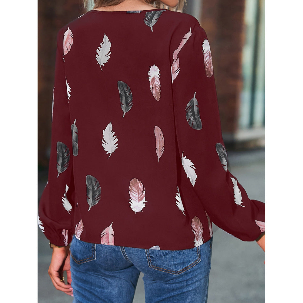 Feather Print Polo Shirt Long Lantern Sleeve Turndown Collar