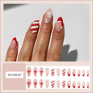 24pcs Christmas False Nails Hat Striped Snowflake Nail Art