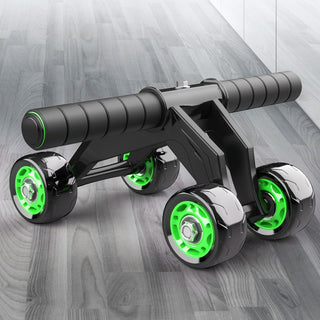 Sleek black and green fitness roller with adjustable handles and rotating wheels, designed for effective core and abdominal workouts on a wooden floor background.
