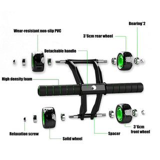 Black and green fitness roller with detachable handle, solid wheels, and wear-resistant non-slip PVC surface for an effective workout.