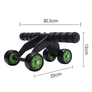 Compact dual wheel roller for fitness training and muscle strengthening. Durable black and green design with wheels for smooth, controlled movements. Compact size for easy storage and portability. Versatile exercise equipment for home or gym use.