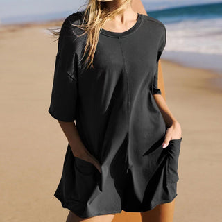 Loose black summer jumpsuits with backless design and pockets on the beach