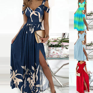 Elegant floral printed maxi dress with tie-waist, available in various colors including navy, blue gradient, and red.