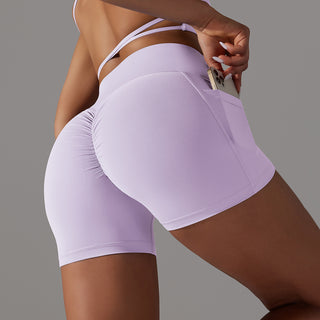 Lavender yoga shorts with phone pocket design for active women's fitness attire