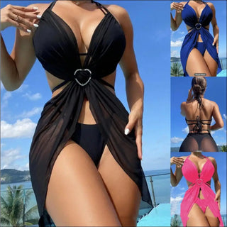 3pcs Halter Neck Bikini Beach Summer Solid Color Split Swimsuit Womens Clothing - K - AROLE