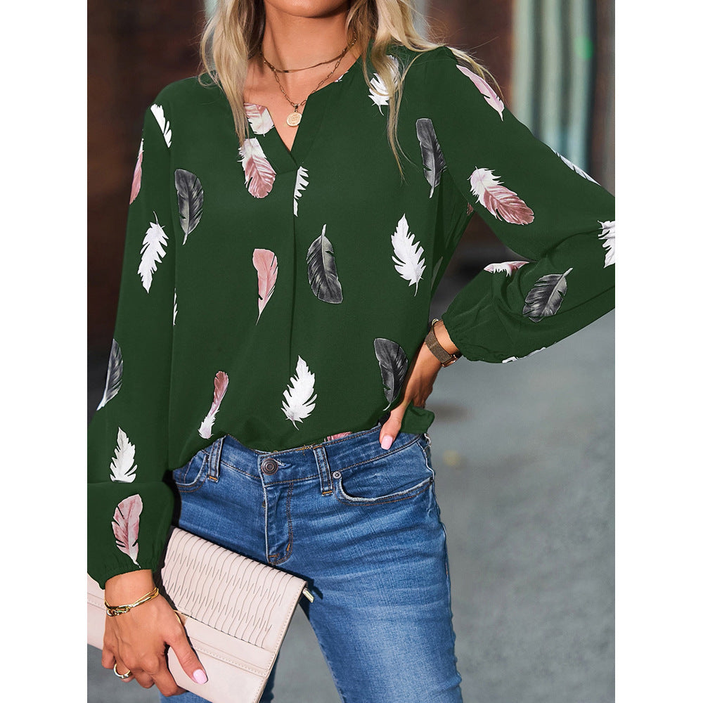 Feather Print Polo Shirt Long Lantern Sleeve Turndown Collar