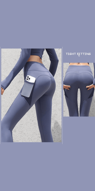Gray seamless leggings with pockets, form-fitting design showcasing athletic silhouette