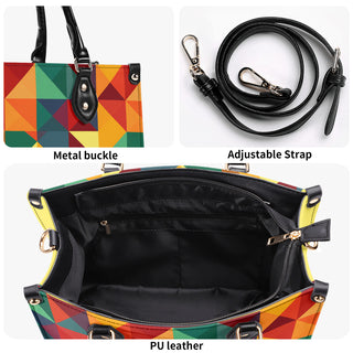 Colorful geometric print tote bag with metal buckle and adjustable strap. Stylish and functional handbag made of PU leather, featuring a roomy interior for everyday use.