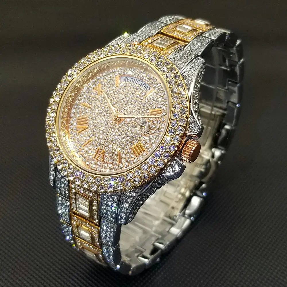 MISSFOX Iced Out Watch For Men Luxury Gold Full Diamond Mens