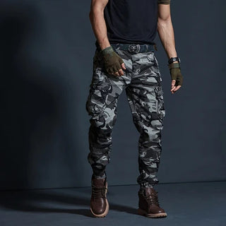 Rugged camo cargo pants with multiple pockets for modern, functional style.