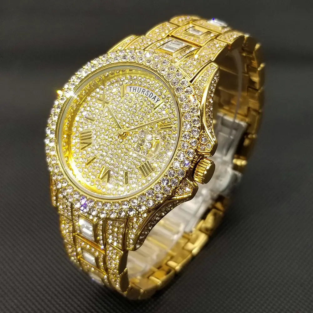 MISSFOX Iced Out Watch For Men Luxury Gold Full Diamond Mens