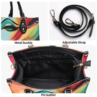 Colorful abstract art print handbag with adjustable strap and metal buckle detail. Featuring a modern and trendy design, this K-AROLE™️ bag offers style and functionality for the fashion-forward.