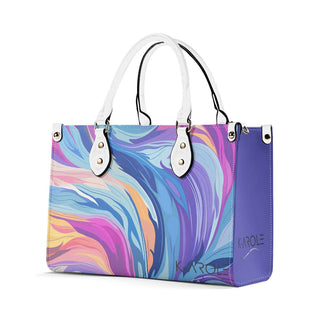 Stylish and vibrant "Starry Moon Handbag" from K-AROLE featuring a swirling, multicolored abstract pattern. This trendy, eye-catching women's accessory is perfect for adding a modern, fashionable touch to any athleisure outfit.