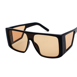 Stylish black and beige retro-inspired sunglasses with integrated multiple mirrored surfaces. The angular, oversized frame design creates a bold, fashion-forward look.