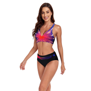 Colorful floral patterned bikini swimsuit with halter top on smiling woman