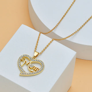 Elegant gold heart-shaped pendant necklace with diamond-encrusted "Mom" letter for women's fashion jewelry