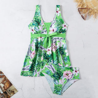 Vibrant tropical floral printed women's V-neck split-front one-piece swimsuit