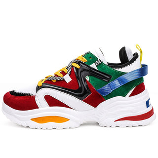 Colorful, eye-catching outdoor tourism sneakers with a chunky, platform design. The sneakers feature a mix of vibrant red, green, yellow, and blue accents, creating a bold and trendy sports shoe look. The sneakers appear to be suitable for both male and female wearers, making them a versatile choice for outdoor activities or casual wear.