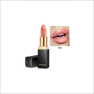 Shimmering metallic lipstick with temperature-changing effect, showcasing a vibrant coral hue against a model's lips.