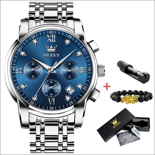 Elegant stainless steel chronograph watch with a blue dial and intricate design, accompanied by a stylish bracelet and accessories.