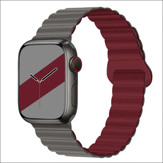 Band Silicone Magnetic Watch Strap - Gray With Wine Red