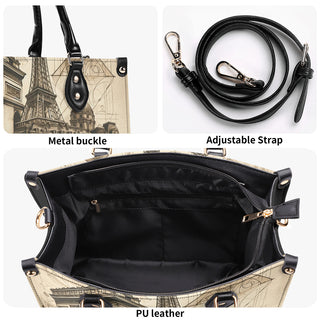 French Flair Tote K-AROLE™️™️: Chic handbag featuring Eiffel Tower print, metal buckle closure, and adjustable strap for versatile wear.