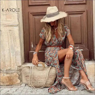 K - AROLE™️ Bohemian - Inspired Maxi Dress with Waist Trim and Garden Charm - K - AROLE