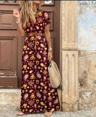 K - AROLE™️ Bohemian - Inspired Maxi Dress with Waist Trim and Garden Charm - K - AROLE