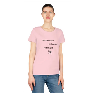 Casual pink women's t-shirt with inspiring motivational text and emblem graphic design