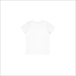 Women's white cotton t-shirt with blank print area for customization.