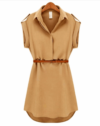 Casual summer style dress: Beige chiffon mini dress with V-neck, short sleeves, and belt for a relaxed, stylish look.