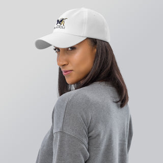 Stylish white K-AROLE dad hat with embroidered logo on model in gray athleisure wear