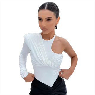 Cryptographic One Shoulder Sexy Backless Twist Bodysuits Women Long Sleeve Top Slim High Waist Bodysuit Club Party Streetwear K-AROLE