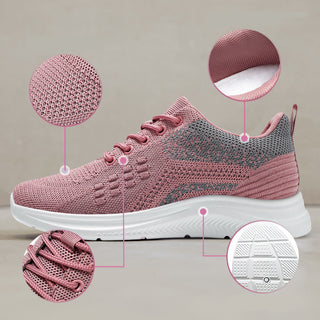 Light pink and gray knitted women's sneakers with a breathable, flexible design and a comfortable, shock-absorbing sole.