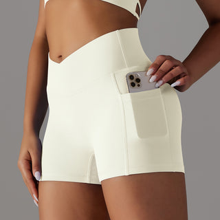 Comfortable yoga shorts with convenient phone pocket design, perfect for active women's fitness and sports wear.