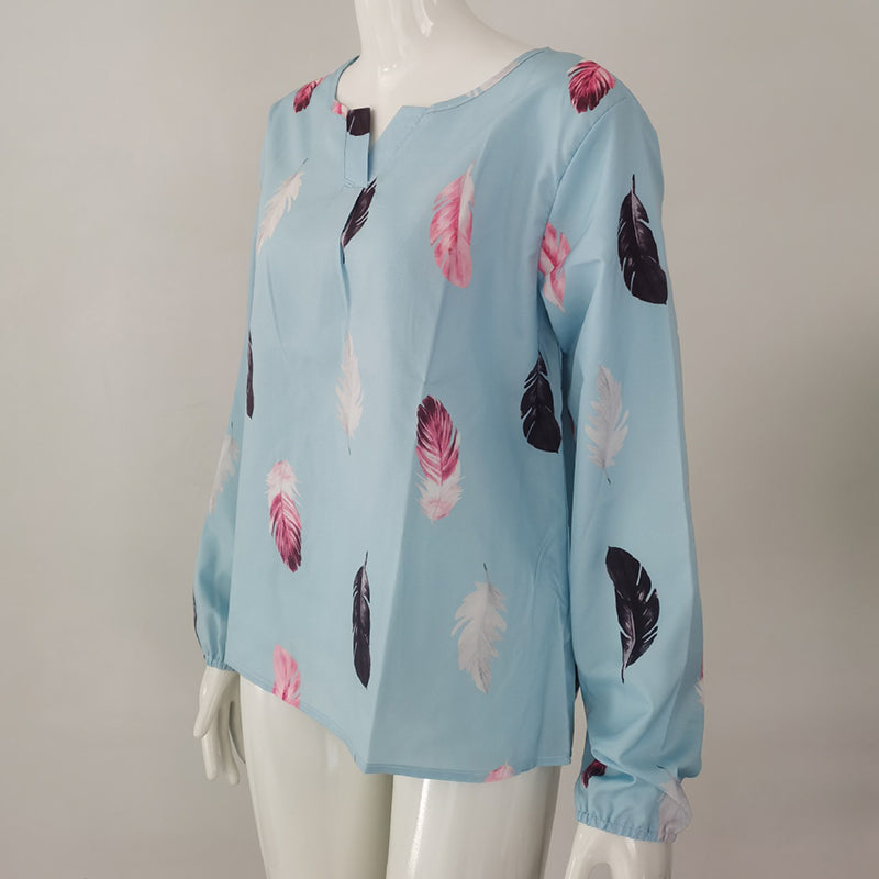 Feather Print Polo Shirt Long Lantern Sleeve Turndown Collar