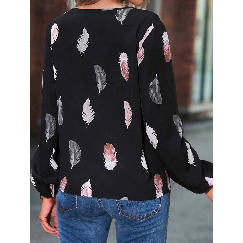 Feather Print Polo Shirt Long Lantern Sleeve Turndown Collar