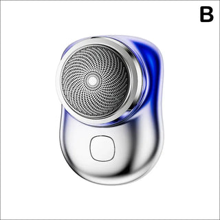 Stylish electric mini shaver in white and blue colors, perfect for short beard grooming and on-the-go convenience.