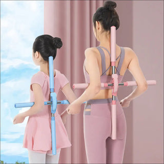 Flexible women's fitness attire in pink and blue, featuring a back opener grip strap for improved posture and mobility.