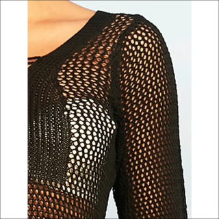 Elegant black mesh cover-up with intricate net-like pattern, showcasing a stylish and eye-catching design.