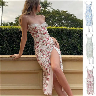 Elegant Floral Print Slit Maxi Dress