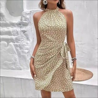 Elegant Halter Neck Patterned Mini Dress - Khaki / L