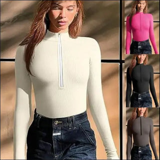 Elegant Long Sleeve V - Neck Bodysuit - K - AROLE