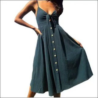 Summer Sheath Evening Dresses - Sleeveless & Backless, Elegant dark green dress with front tie, button details, and flowing skirt.