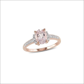 Elegant oval-cut morganite ring with rose gold flash plated sterling silver setting and diamond accents, showcasing a beautiful and luxurious women's jewelry piece.